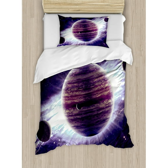 Galaxy Duvet Cover Set, Outer Space Theme Planets Saturn Mars Neptune Science Fiction Solar Scene Artprint, Decorative 2 Piece Bedding Set with 1 Pillow Shams, Twin Size, Mauve Purple, by Ambesonne