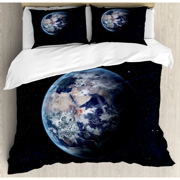 Galaxy Duvet Cover Set, Planet Earth Outer Space Scenery of Globe Orbit Discovery Universe Art Print, Decorative 3 Piece Bedding Set with 2 Pillow Shams, King Size, Dark Blue Grey, by Ambesonne