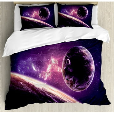 Galaxy Duvet Cover Set, Planets over Purple Nebula Celestial Comet Magic Rays Universe Astronomy Picture, Decorative 3 Piece Bedding Set with 2 Pillow Shams, Calking Size, Magenta Mauve, by Ambesonne