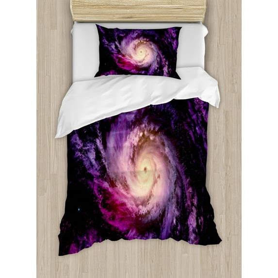 Galaxy Duvet Cover Set, Purple Nebula Cloudy Stardust Cluster Digital Print of a Galaxy in Space Image, Decorative 2 Piece Bedding Set with 1 Pillow Shams, Twin Size, Black Purple, by Ambesonne