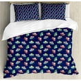 thumbnail image 1 of Galaxy Duvet Cover Set, Rhythmic Flying Saucers UFO Machines Cartoon, Decorative 3 Piece Bedding Set with 2 Pillow Shams, King Size, Navy Blue Multicolor, by Ambesonne, 1 of 3