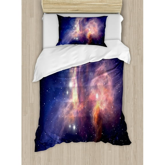 Galaxy Duvet Cover Set, Space Nebula Theme Big Gas Energy and Stars Futuristic Theme Illustration, Decorative 2 Piece Bedding Set with 1 Pillow Shams, Twin Size, Purple Blue Orange, by Ambesonne