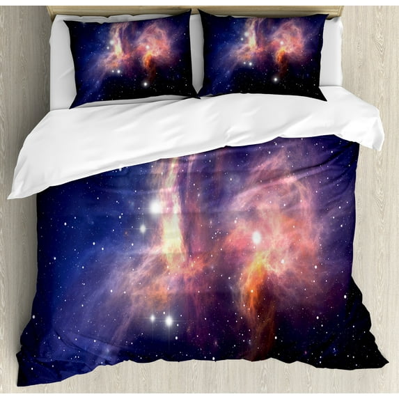 Galaxy Duvet Cover Set, Space Nebula Theme Big Gas Energy and Stars Futuristic Theme Illustration, Decorative 3 Piece Bedding Set with 2 Pillow Shams, King Size, Purple Blue Orange, by Ambesonne