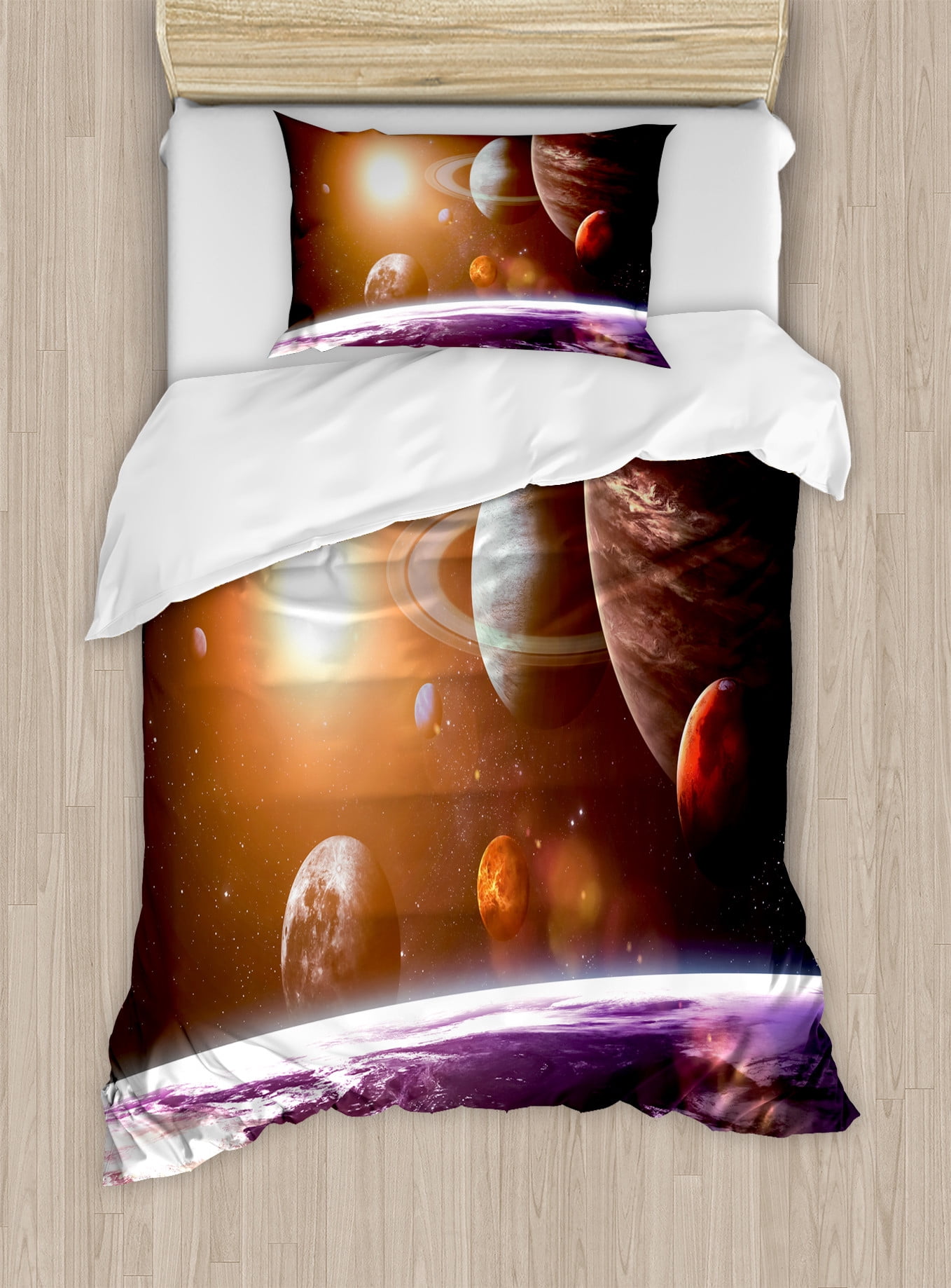 Galaxy Duvet Cover Set, Space Theme View of the Planets from Earth ...