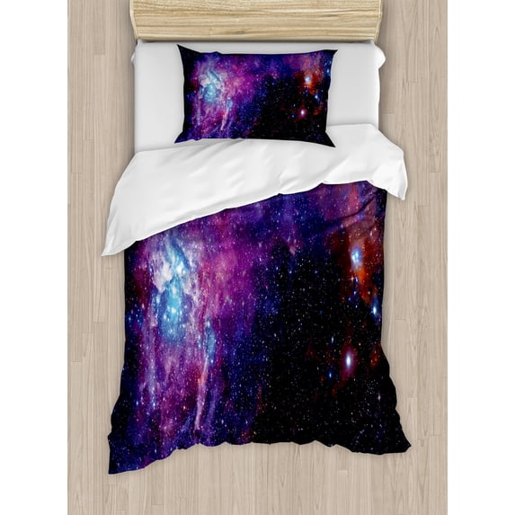 Galaxy Duvet Cover Set, Starry Night Nebula Cloud Celestial Theme Image Space Art Elements Print, Decorative 2 Piece Bedding Set with 1 Pillow Shams, Twin Size, Purple Black Blue, by Ambesonne