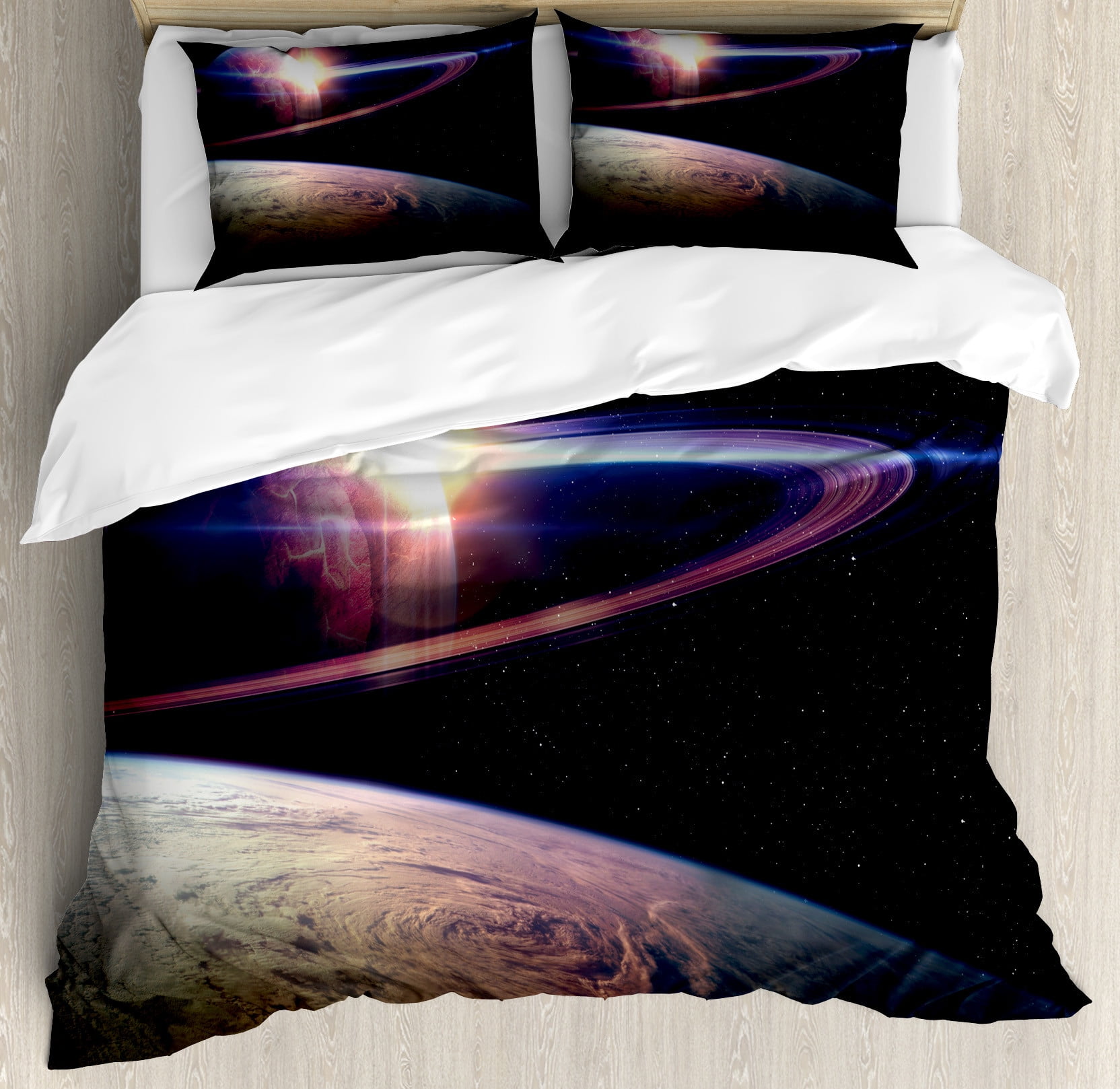 Purple Galaxy Space Moon Earth Print Duvet Cover Bedding Set