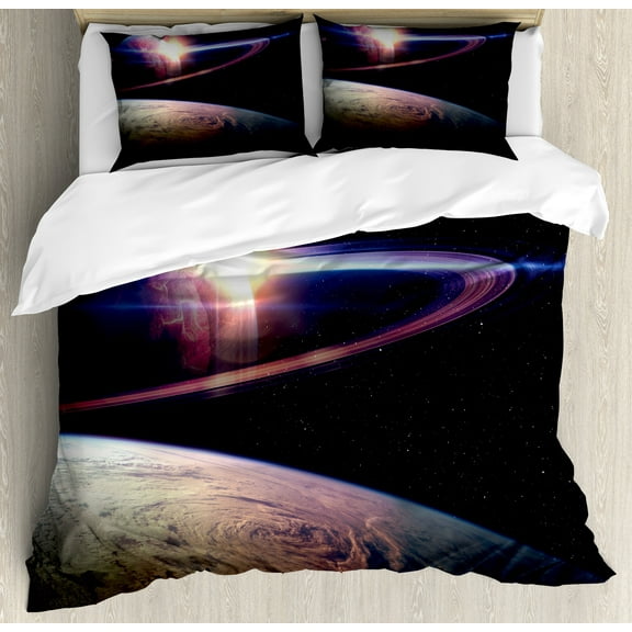 Galaxy Duvet Cover Set, Sunset in Outer Space Universe Saturn View from Planet Earth Atmosphere in Spaceship, Decorative 3 Piece Bedding Set with 2 Pillow Shams, Calking Size, Black Blue, by Ambesonne