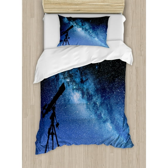 Galaxy Duvet Cover Set, Telescope Valley Under Starry Night Sky Milky Way Atmosphere Galaxy Astronomy, Decorative 2 Piece Bedding Set with 1 Pillow Shams, Twin Size, Dark Blue Black, by Ambesonne