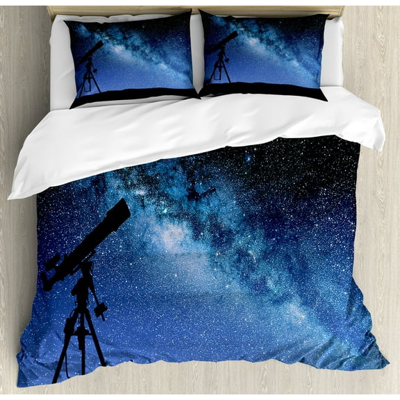Galaxy Duvet Cover Set, Telescope Valley Under Starry Night Sky Milky Way Atmosphere Galaxy Astronomy, Decorative 3 Piece Bedding Set with 2 Pillow Shams, King Size, Dark Blue Black, by Ambesonne