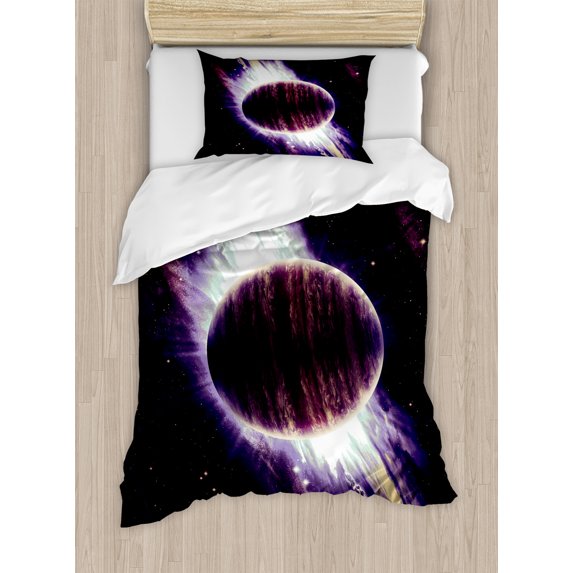 Galaxy Duvet Cover Set, Trippy Planet in Cosmos Mystic Spiral in Celestial Vast Fantasy Backdrop Space Art Print, Decorative 2 Piece Bedding Set with 1 Pillow Shams, Twin Size, Purple, by Ambesonne