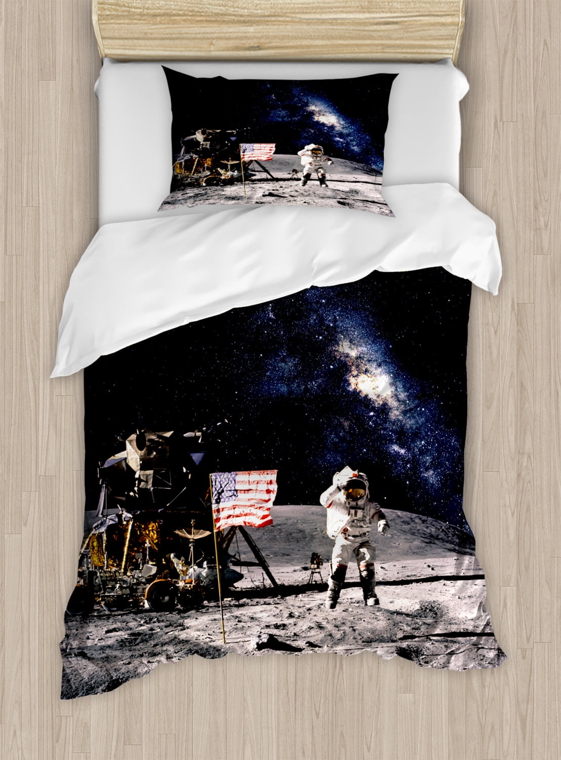 Galaxy Duvet Cover Set Twin Size, Astronaut on Rocky Surface of Moon ...