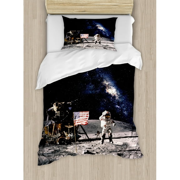 Galaxy Duvet Cover Set Twin Size, Astronaut on Rocky Surface of Moon American Flag USA Rocket Traveling Space Art, Decorative 2 Piece Bedding Set with 1 Pillow Sham, Grey Navy Blue, by Ambesonne