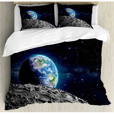 Galaxy Duvet Cover Set, View of Earth from Moon Surface Lunar Satellite Spacewatch Tracking Project, Decorative 3 Piece Bedding Set with 2 Pillow Shams, Calking Size, Grey Dark Blue, by Ambesonne