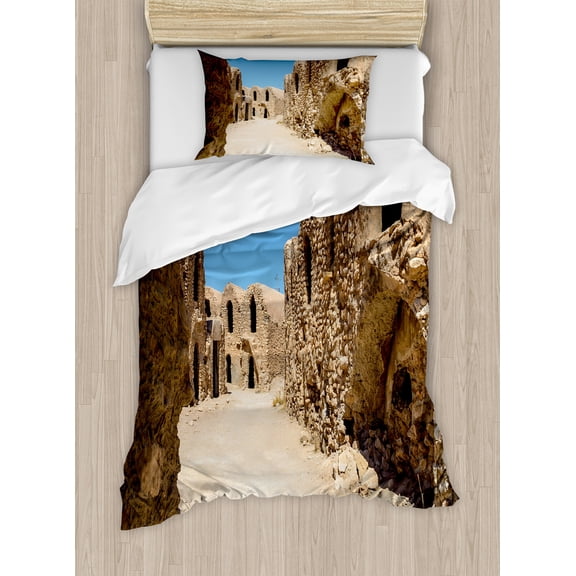 Galaxy Duvet Cover Sets, Abandoned Sets of the Movie in the Desert Phantom Menace Antique Cave Houses, Bedding Set with 2 Duvet Covers & 2 Pillowcases, 2 Pack Twin Size, Brown Blue, by Ambesonne