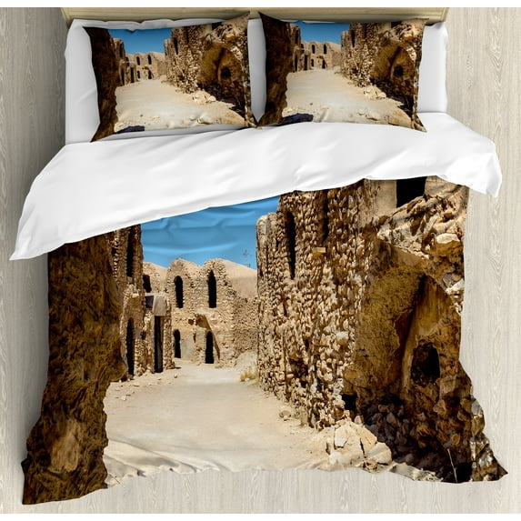 Galaxy Duvet Cover Sets, Abandoned Sets of the Movie in the Desert Phantom Menace Antique Cave Houses, Bedding Set with 2 Duvet Covers & 4 Pillowcases, 2 Pack Queen Size, Brown Blue, by Ambesonne