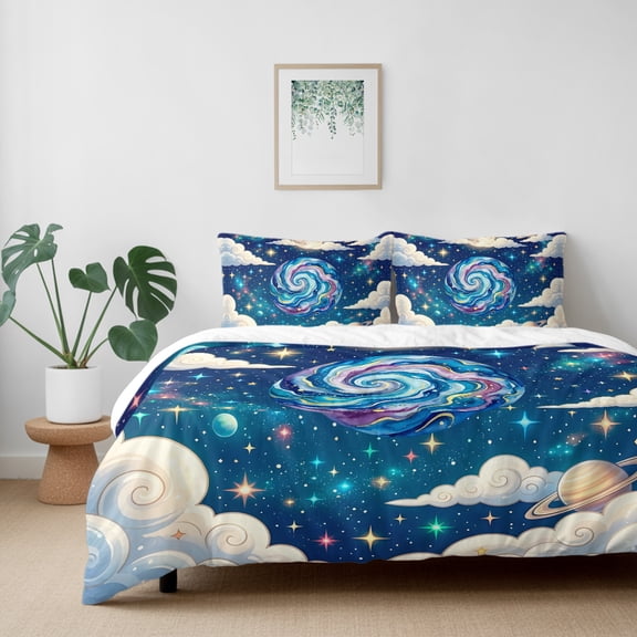 Galaxy Earth Stars Moon Planets California King Size Bed Set,Dream Sky Cloud Bedding for All Seasons,4 Pcs Bed Set with 1 Quiltcover (96"x104"),1 Sheet (110"x98"),2 Pillowcases (20"x36")