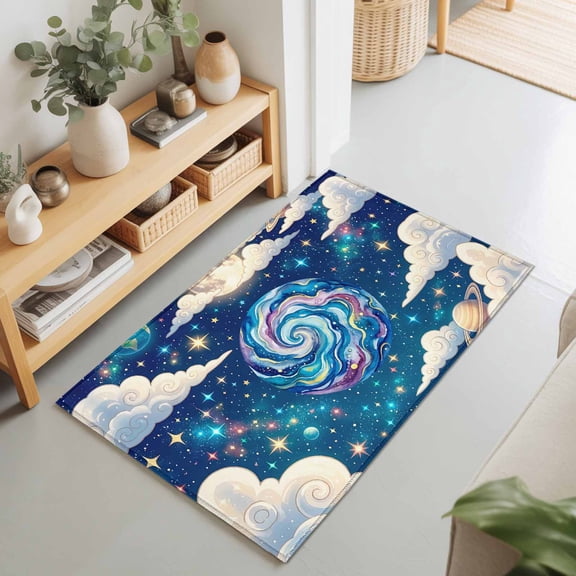 Galaxy Earth Stars Moon Planets Rectangle Rug 2'x3' Dream Sky Cloud Washable Area Rugs for Living Room Bedroom Entryway Non Slip Entrance Door Mat Indoor Floor Carpet