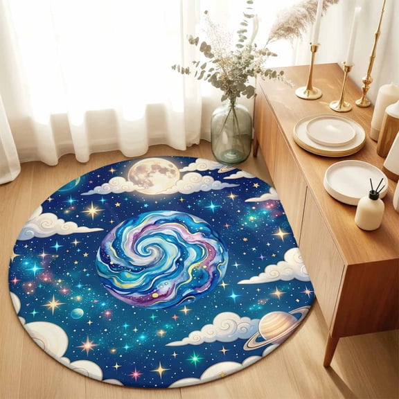 Galaxy Earth Stars Moon Planets Round Rug 3ft Dream Sky Cloud Washable Area Rugs for Living Room Bedroom Entryway Non Slip Entrance Door Mat Indoor Floor Carpet