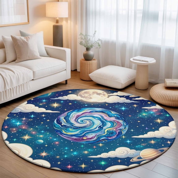Galaxy Earth Stars Moon Planets Round Rug 5ft Dream Sky Cloud Washable Area Rugs for Living Room Bedroom Entryway Non Slip Entrance Door Mat Indoor Floor Carpet