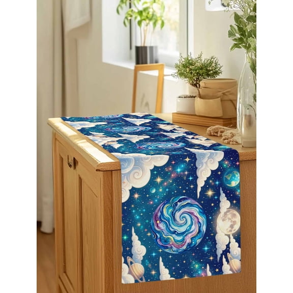 Galaxy Earth Stars Moon Planets Table Runner 36 Inches Long,Kitchen Dining Tablerunners Dream Sky Cloud Linen Table Runners Dresser Scarves for Home Dinner Wedding Holiday Party Decor