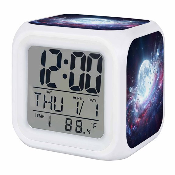 Galaxy Explosion Alarm Clock, Abstract Art Moon Universe Modern Digital Clock Night Light with 7 Color, Calendar Temperature Display, LED Desk Small Clock for Bedrooms Bedside Living Room