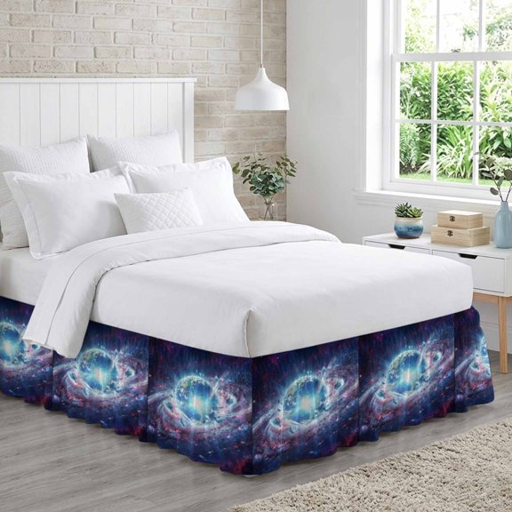 Galaxy Explosion Bed Skirt Queen Size 16 Inch Drop, Abstract Art Earth Universe Modern Adjustable Elastic Dust Ruffles Bedskirt for Queen Bed Wrap Around Pleated Mattress Frame Cover