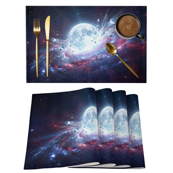 Galaxy Explosion Cotton Linen Placemats Set of 4, Abstract Art Moon Universe Modern Washable Table Place Mats Heat Insulating Placemat for Dining Room Kitchen Daily Use 13 x 19 Inch
