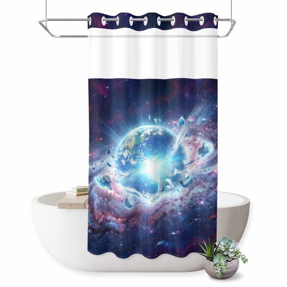 Galaxy Explosion No Hook Shower Curtain Abstract Art Earth Universe Modern Shower Curtain with See Through Top Window, Waterproof Washable Fabric Curtain for Bathroom Hotel Decor, 36Wx72L