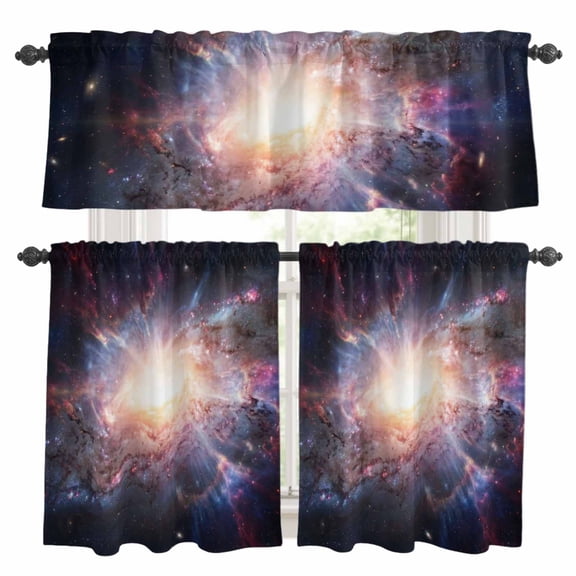 Galaxy Explosion Kitchen Curtains Valance and Tier Set Abstract Art Solar System Universe Modern Rod Pocket Short Curtains for Small Window 3 Pieces Set for Bedroom Cafe (54" x 18"+27" x 24")