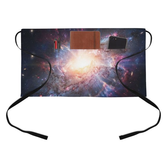 Galaxy Explosion Kitchen Restaurant Half Waist Apron, Abstract Art Solar System Universe Modern Server Short Apron with 3 Pockets Waterproof Oil Waist Aprons for Women Waitress Waiter