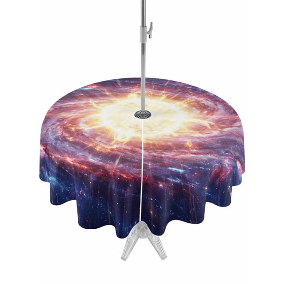 Galaxy Explosion Planet Round Outdoor Tablecloth with Umbrella Hole Moon Outer Space Cool Modern 54 Inch Round Waterproof Table Cover Zippered Table Cloth for Garden Patio