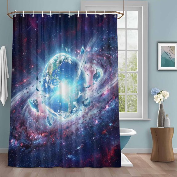 Galaxy Explosion Shower Curtain with Hooks, Abstract Art Earth Universe Modern Water Repellent Shower Curtains for Bathroom Decor Sturdy Shower Curtain, Machine Washable 36x72 Inch