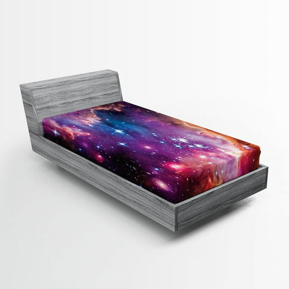 Galaxy Fitted Sheet, Magellanic Cloud Stars and Colorful Cosmic Universe View Pattern, Decorative Soft Bedding All-round Elastic Pocket, Twin XL Size, Purple Blue Orange, by Ambesonne
