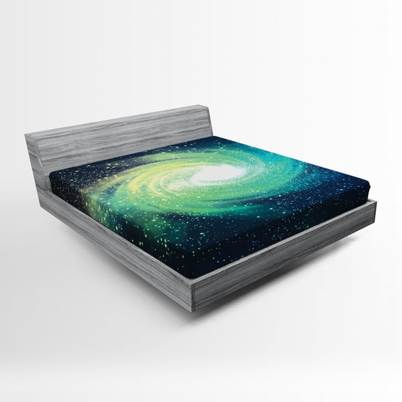 Galaxy Fitted Sheet Outer Space Theme Image Spiral Galaxy Stardust Astromony Cosmos Milky Way Stars Print, Soft Decorative Fabric Bedding, Navy Teal, by Ambesonne