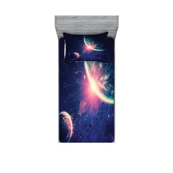 Galaxy Fitted Sheet & Pillow Sham Set, Outer Space Theme Planet Earth Mars in Space Discovery of Universe Astronomy Art, Decorative 4 Piece Bedding Decor Set, Twinxl, Navy Blue Pink, by Ambesonne