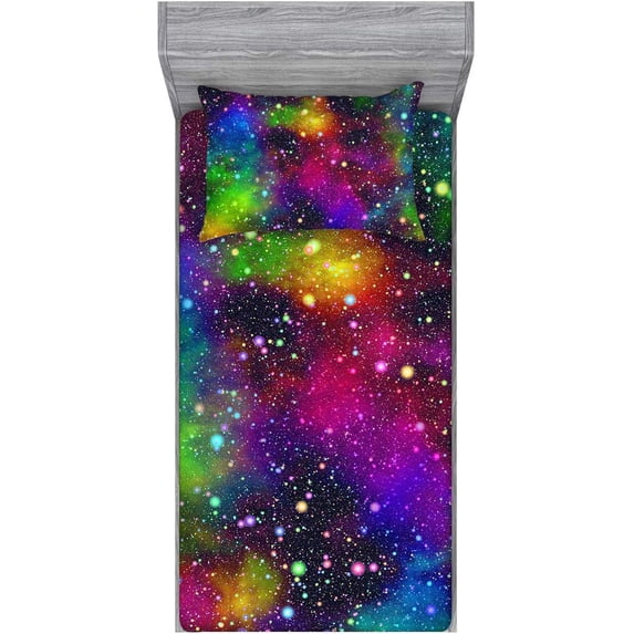 Galaxy Fitted Sheet Set Rainbow Space Sheet Set for Girls and Boys Twin Bed 2PCS 1 Deep Pocket Sheets with 1 Pillowcases Wrinkle Free Microfiber(16,Twin)