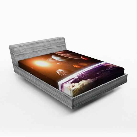 Ambesonne Galaxy Fitted Sheet, Space View Solar System, Queen Size, Magenta Orange