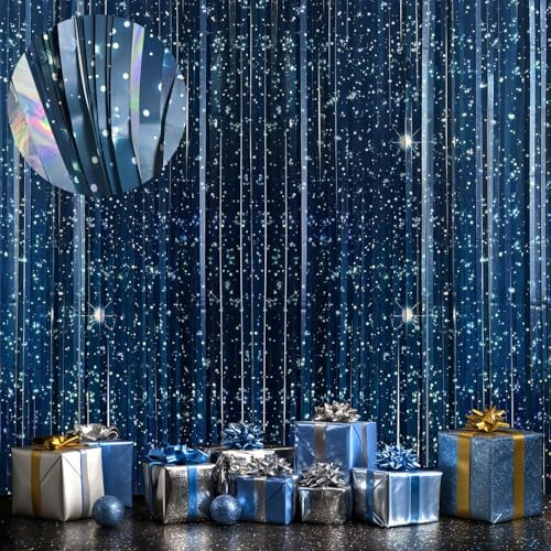 Galaxy Foil Curtain Backdrop Set (2 Packs), 3.3x6.6Ft Starry Night Backdrops Space Themed Party Decorations, Tinsel Foil Fringe Curtains Photo Booth Props Twinkle Star Birthday Party Decor