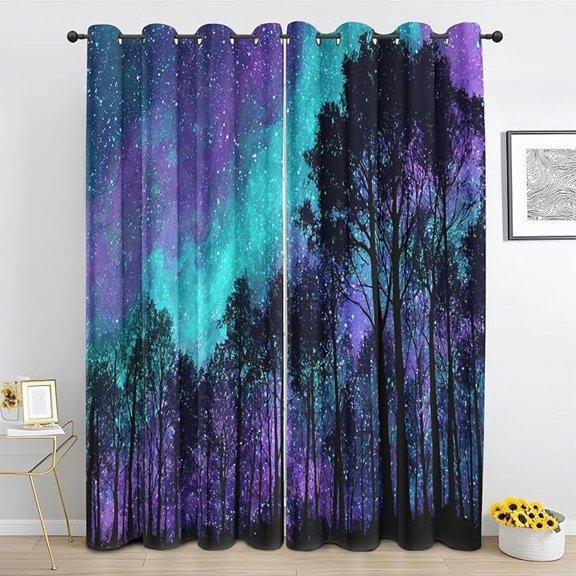 Galaxy Forest Curtains for Bedroom Decor, Starry Sky Blackout Curtains, Northern Lights Aurora Drapes, Grommet Window Curtain 26"W x 45"L (Pack of 2)