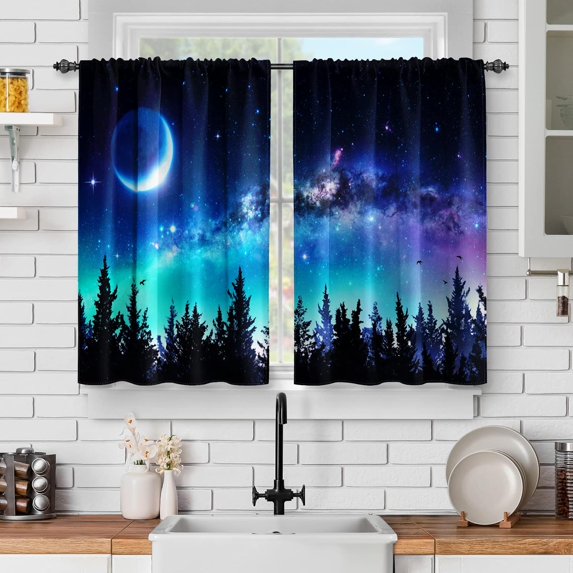 Galaxy Forest Tree Kitchen Curtains - Fall Night Starry Sky Stars Moon Decor Halloween Decoration Rustic Short Drapes for Dining Room Rod Pocket Window Drapes 2 Panels Set, 28"x36"