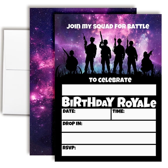 Galaxy Fort Battle Video Gaming Invitations for Kids, 20 Fill-In Cards with Envelopes, 5x7 Children's Birthday Party Invitations, Birthday Party Supplies, Made in USA by Amanda Creation