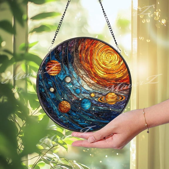 Galaxy Glass Suncatcher, Planet Window Hanging, Cosmic Decor, 7.9 in