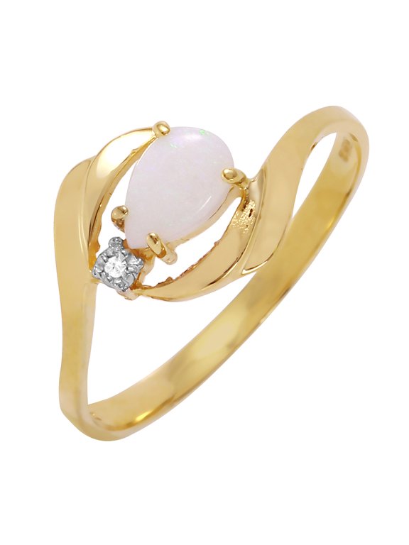 14K Solid Yellow Gold Ring with 0.26 Carat Natural Diamond and Pear-Shaped Opal, Size 6.5, 5.5-11 Sizes, October Birthstone, Symbol of Inspiration