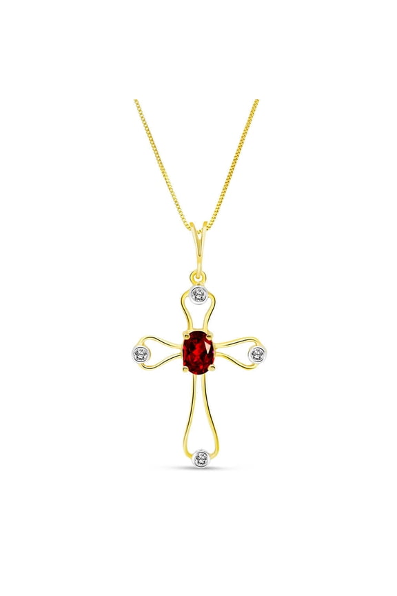 14K Yellow Gold 0.57 Carat Natural Diamonds and Garnet Cross Pendant Necklace - January Birthstone - Passion & Protection - 16" to 24" - Fine Jewelry for Women