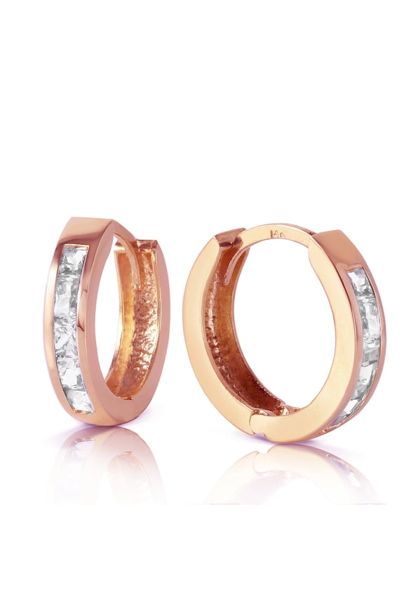 1.2 Carat 14K Solid Rose Gold Hoop Huggie Earrings White Topaz
