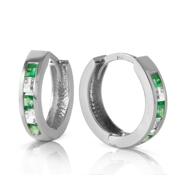 Galaxy Gold 14K White Gold 1.26 CTW Natural Emerald and White Topaz Huggie Earrings - May Birthstone - Hope - Fine Jewelry for Women