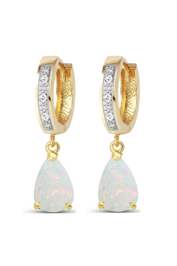 1.58 Carat 14k Solid Gold Hoop Earrings with Genuine Diamonds and Natural Dangling Opals