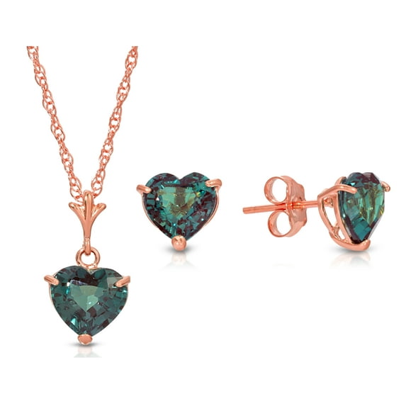 Galaxy Gold 14K 20" Solid Rose Gold Lab Grown Heart Alexandrite Necklace and Earrings Set Grade AAA
