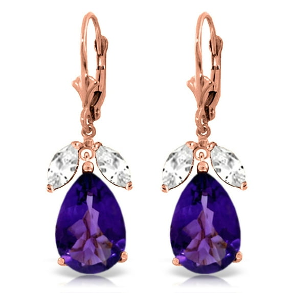Galaxy Gold 14K Rose Gold 13 Carat Natural Amethyst and White Topaz Dangle Earrings - February Birthstone - Peace & Wisdom - Fine Jewelry for Women