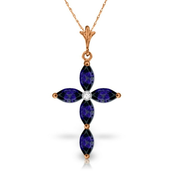 Galaxy Gold 14K Rose Gold Natural Diamonds and Sapphire Cross Pendant Necklace - September Birthstone - Truth & Nobility - 16" to 24" - Fine Jewelry for Women